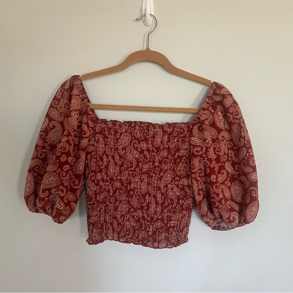 Express burgundy Square Neck Puff Sleeve Smocked Top size medium